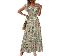 ZKYUCH Robe Longue Bohème Imprimée Paisley pour Femmes, Col en V, Manches À Volants, Taille Smockée, Robe D'été Fluide, Robe Longue De Plage Décontractée,Couleur2,S