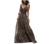 ZKYUCH Robe Longue Imprimée Léopard pour Femmes - Robe D'été Fluide en Mousseline De Soie À Col en V Et Bretelles Spaghetti,Couleur1,M