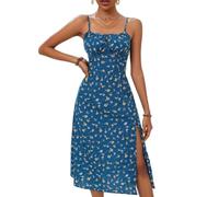 ZKYUCH Robe Mi-Longue À Bretelles Spaghetti pour Femmes, À Fleurs/à Pois, Robe D'été Décontractée Trapèze Fendue avec Buste Froncé,Couleur5,M
