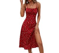 ZKYUCH Robe Mi-Longue À Bretelles Spaghetti pour Femmes, À Fleurs/à Pois, Robe D'été Décontractée Trapèze Fendue avec Buste Froncé,Couleur6,M