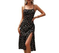 ZKYUCH Robe Mi-Longue À Bretelles Spaghetti pour Femmes, À Fleurs/à Pois, Robe D'été Décontractée Trapèze Fendue avec Buste Froncé,Couleur3,M