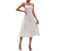 ZKYUCH Robe Mi-Longue À Bretelles Spaghetti pour Femmes, À Fleurs/à Pois, Robe D'été Décontractée Trapèze Fendue avec Buste Froncé,Couleur2,M