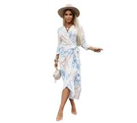 ZKYUCH Robe Mi-Longue Portefeuille Imprimée Abstraite pour Femmes, Col en V, Manches 3/4, Cravate À La Taille, Robe D'été Décontractée, Légère,Couleur3,S