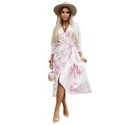 ZKYUCH Robe Mi-Longue Portefeuille Imprimée Abstraite pour Femmes, Col en V, Manches 3/4, Cravate À La Taille, Robe D'été Décontractée, Légère,Couleur1,L