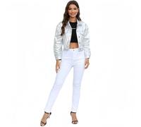 ZKYUCH Veste Courte en Faux Cuir PU Femmes,Tendance,Haut Court Sexy pour Moto,Argent Brillant,Manteau,Tenues De Boîte De Nuit,Clubwear,Color 1,XS