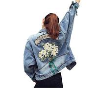 ZKYUCHUN Automne Broderie Fleur Cow-Boy lâche Manteau Femelle Denim Jeans Veste Femme Streetwear Boyfriend Grand Tailles-M