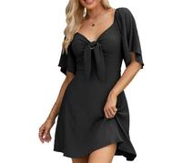 ZKZFCAI Femme Robe de Eté Col en V Elégant Volants Taille Haute Manches Courtes Décontractée A-Ligne Mini Robes Clubbing Bal Fête Taille Haute Robe Cocktail Soiree(Noir L)