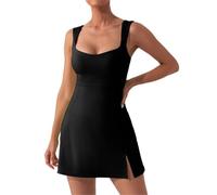 ZKZFCAI Robe Femme Sexy sans Manches Col en V Fendue Mini Robes Col Carré Élégante Noir Robe Courte Moulante de Soirée Dress Chic Et Glamour pour Cocktail Fête Clubbin