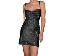 ZKZFCAI Robe Paillettes Femme Mini Robe de Soiré Cocktail Sexy Bretelles Spaghetti Wrap Robe Dos Nu Elegant Courte Moulante Dresses Chic Bodycon Mini Cami Robe pour Fête Cérémonie Club