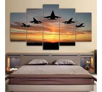 ZLCHYJ Toile Decoration Murale Toile Peinture Grand Format Impression Sur Toile 5 Parties Avions de chasse Avions de l'armée de l'air Coucher de soleil Lever de soleil Militaire Tableau Decoration