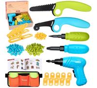 ZLemma Kit d'outils en carton pour enfants - Boîte à outils de construction en carton de 258 pièces - avec perceuse, scie de sécurité, marqueur, charnières et boulon, sac banane portable, boîte cadeau