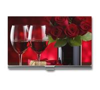 ZLFDSKGY Porte-cartes de visite fin en métal pour homme et femme, rouge vin et roses rouges, organisateur professionnel de cartes de visite, de crédit