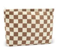 ZLFSRQ Trousse de maquillage à carreaux pour femmes et filles de grande capacité en velours côtelé marron - Trousse de maquillage pour sac à main avec fermeture éclair - Organiseur de toilette mignon