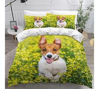 ZLKEJI 3D Chien de Compagnie Housse de Couette 140x200cm,Chien Jack Russell Parure de Lit,Pré De Fleurs Animal Chien Housse Couette Enfants Garçon Fille 1 Personne,2 Taies d'Oreillers 50x75cm