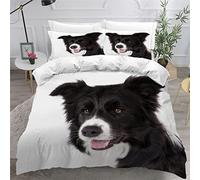 ZLKEJI 3D Chien de Compagnie Housse de Couette 220x240cm,Border Collie Parure de Lit,Blanc Animal Chien Housse Couette Enfants Garçon Fille 2 Personne,2 Taies d'Oreillers 50x75cm