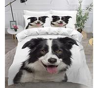 ZLKEJI 3D Chien de Compagnie Housse de Couette 220x240cm,Border Collie Parure de Lit,Blanc Animal Chien Housse Couette Enfants Garçon Fille 2 Personne,2 Taies d'Oreillers 50x75cm