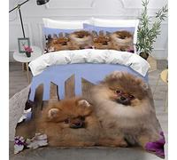 ZLKEJI 3D Chien de Compagnie Housse de Couette 220x240cm,Chiot Spitz PoméRanie Parure de Lit,Chiot Brun Animal Chien Housse Couette Enfants Garçon Fille 2 Personne,2 Taies d'Oreillers 50x75cm