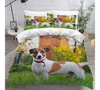 ZLKEJI 3D Chien de Compagnie Housse de Couette 220x240cm,Jack Russel Terrier Parure de Lit,Pelouse Verte Animal Chien Housse Couette Enfants Garçon Fille 2 Personne,2 Taies d'Oreillers 50x75cm