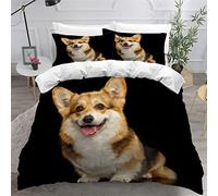 ZLKEJI 3D Chien de Compagnie Housse de Couette 220x240cm,Welsh Corgi Pembroke Parure de Lit,Noir Animal Chien Housse Couette Enfants Garçon Fille 2 Personne,2 Taies d'Oreillers 50x75cm