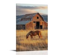 ZLLJXFZZ Décoration murale moderne à suspendre avec un cheval pâturant près d'une vieille grange, heure dorée (30 x 45 cm)