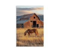ZLLJXFZZ Décoration murale moderne à suspendre avec un cheval pâturant près d'une vieille grange, lumière des heures dorées, 20 x 30 cm
