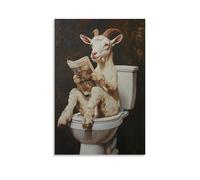 ZLLJXFZZ Peinture à l'huile animalière d'une chèvre en équilibre précaire sur une toilette tout en tenant un magazine Décoration murale moderne à suspendre 20 x 30 cm