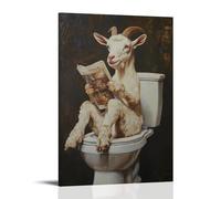 ZLLJXFZZ Peinture à l'huile animalière d'une chèvre en équilibre précaire sur une toilette tout en tenant un magazine Décoration murale moderne à suspendre 30 x 45 cm