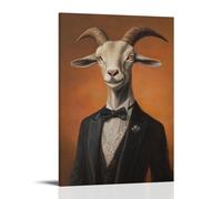 ZLLJXFZZ Peinture à l'huile animalière d'une chèvre posant dans une veste de smoking sur mesure sous un coucher de soleil sourd sur fond orange. Décoration murale moderne à suspendre Art mural 30 x 45