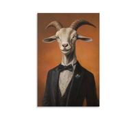ZLLJXFZZ Peinture à l'huile animalière d'une chèvre posant dans une veste de smoking sur mesure sous un coucher de soleil sourd sur fond orange. Décoration murale moderne à suspendre Art mural 30 x 45