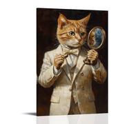ZLLJXFZZ Peinture à l'huile d'animal d'un chat vérifiant les détails de la tenue finale avec un miroir de poche tout en portant un costume ivoire ajusté. Décoration murale moderne à suspendre, 60 x 90