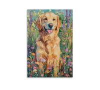 ZLLJXFZZ Peinture à l'huile - Poster animal Golden Retriever dans un champ de fleurs - Décoration murale moderne à suspendre - 60 x 90 cm