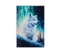 ZLLJXFZZ Peinture à l'huile représentant un loup arctique dans une aurore lumineuse, décoration murale moderne à suspendre, 20 x 30 cm