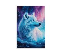ZLLJXFZZ Peinture à l'huile représentant un loup arctique dans une aurore lumineuse, décoration murale moderne à suspendre, 60 x 90 cm