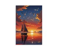 ZLLJXFZZ Poster de paysage représentant un petit voilier dans l'océan calme avec des oiseaux volant à l'aube Décoration murale moderne à suspendre 60 x 90 cm