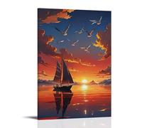 ZLLJXFZZ Poster de paysage représentant un petit voilier dans l'océan calme avec des oiseaux volant à l'aube Décoration murale moderne à suspendre 20 x 30 cm