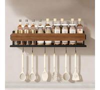 ZLLkeji Étagère à Épices Bois Etagere Murale Cuisine Sans Percage avec 6 Crochets Large Support Rangement Ustensile en Noyer Montage Sans Perçage Ou Vis 40 cm