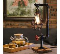 ZLMFK Tuyauterie d'eau Bureau Top Lampe De Table Cage À Oiseaux Base en Bois Véritable Déco Rustique Punk Loft Industriel Intérieur De Chevet Minimaliste Victorien Fer Rétro Lampes