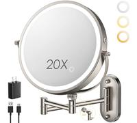 ZLOKLA Miroir de maquillage mural lumineux de 22,9 cm, 4000 mAh rechargeable, double face, miroir grossissant 1x/20x avec lumière, intensité tactile, bras étendu, rotation à 360°, miroir de maquillage
