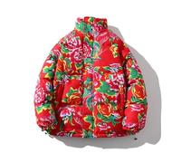 ZLPTR Veste d'hiver en coton épais pour couple Style chinois Veste florale du nord-est Unisexe, Rouge, L