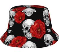 Zltegako Chapeau bob unisexe avec tête de mort et coquelicots rouges - Chapeau de plage - Chapeau de pêche esthétique pour hommes, femmes, adolescents, Comme indiqué sur la photo, taille unique