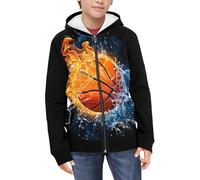 Zltegako Sweat à capuche doux zippé pour enfants de 6 à 16 ans avec poches, Ballon de basket brûlant de l'eau du feu, L