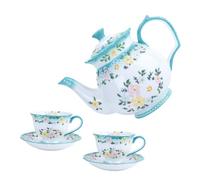 ZLUDIO Lot de 2 tasses à thé en céramique bleue avec soucoupe et théière de 1 048,9 g, tasses à latte en porcelaine, tasse à expresso, service à café pour goûter, passe au micro-ondes et au