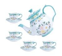 ZLUDIO Lot de 4 tasses à thé en céramique bleue de 200 ml et soucoupe avec théière de 1 048,9 g, beau service à café en porcelaine pour 4 personnes pour goûter, passe au micro-ondes et au