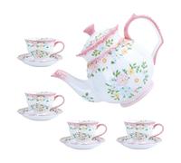 ZLUDIO Lot de 4 tasses à thé en céramique rose de 200 ml et soucoupe avec théière de 1 048,9 g, beau service à café en porcelaine pour 4 personnes pour goûter, passe au micro-ondes et au