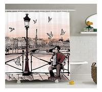 ZLWSSA Musique Rideau De Douche Accordéoniste Jouer Paris Street Urbain Européen Ville Célèbre Ville Graphique Scène Salle De Bains Accessoires 180x200cm