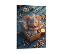ZlXXYZ Affiches murales modernes sur toile - Poster mignon de petite souris endormie dans une boîte en bois avec des fleurs de bougie 20 x 30 cm - Style cadre