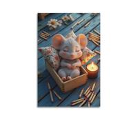 ZlXXYZ Affiches murales modernes sur toile - Poster mignon de petite souris endormie dans une boîte en bois avec des fleurs de bougie 20 x 30 cm - Style sans cadre