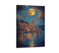 ZlXXYZ Affiches sur toile murale pour salon - Ville au clair de lune - Peinture à l'huile - Style de peinture à l'huile - Ville au bord du lac - 20 x 30 cm - Style cadre