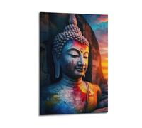 ZlXXYZ Impression sur toile d'art familial moderne - Poster religieux - Bouddha coloré sculpté sur rocher - Peinture du patrimoine culturel vivant - 60 x 90 cm - Style cadre
