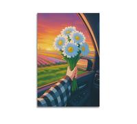 ZlXXYZ Impression sur toile de salon - Paysage de marguerites depuis la fenêtre de voiture - Décoration sur toile sans cadre - 30 x 45 cm
